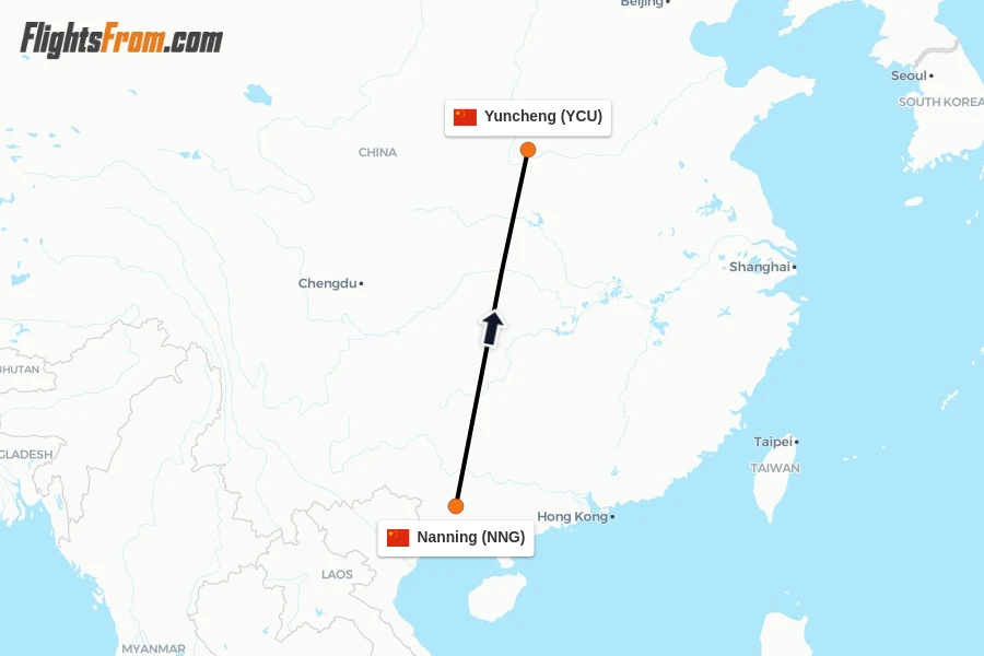 Flights from Nanning to Yuncheng route map