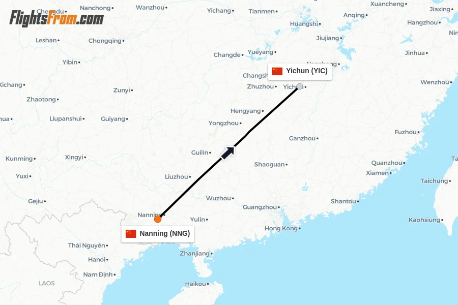 Flights from Nanning to Yichun route map