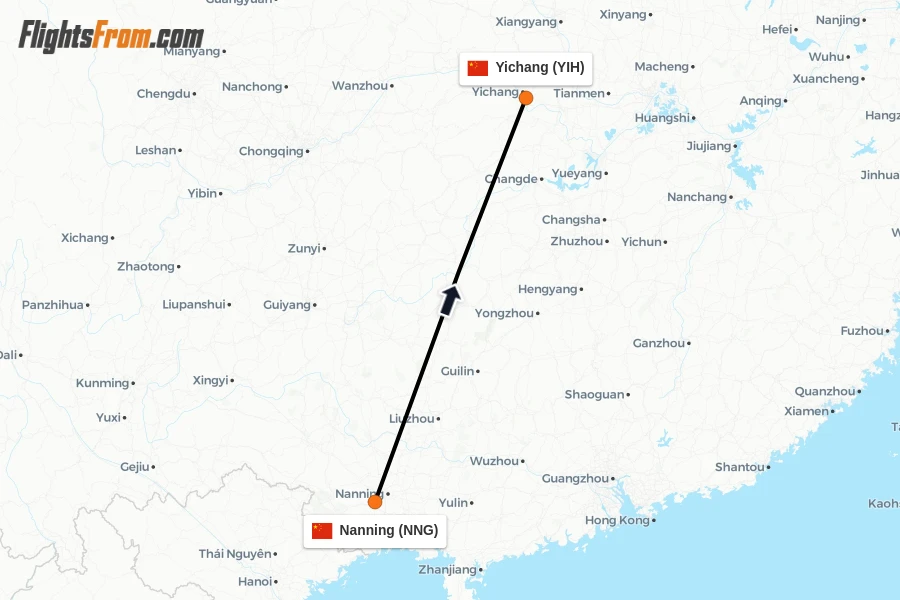 Flights from Nanning to Yichang route map