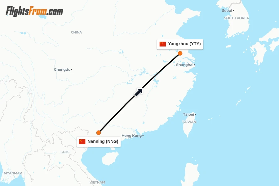 Flights from Nanning to Yangzhou route map