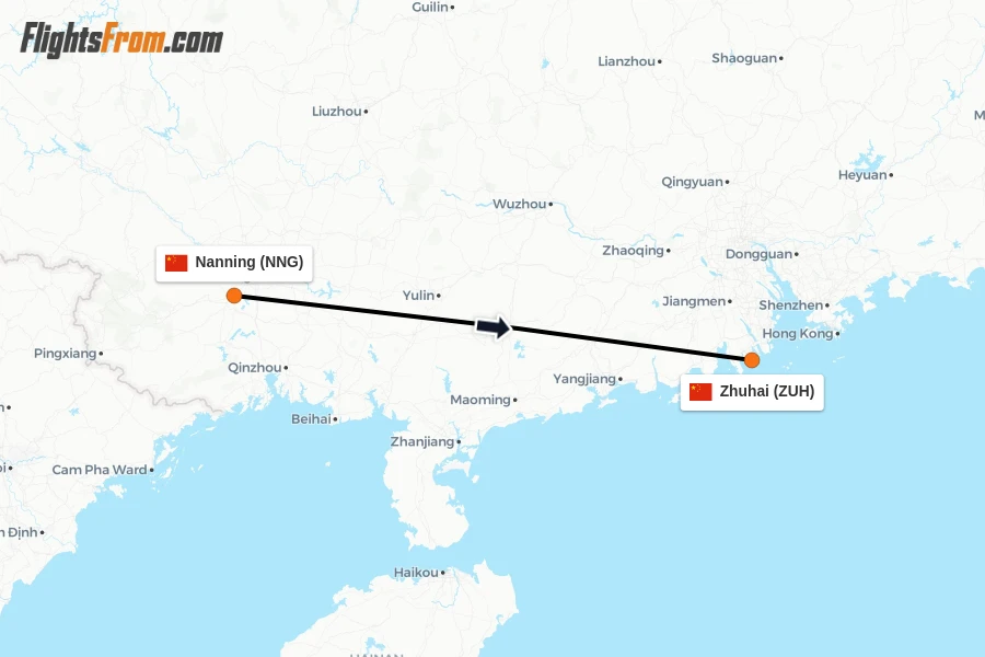 Flights from Nanning to Zhuhai route map