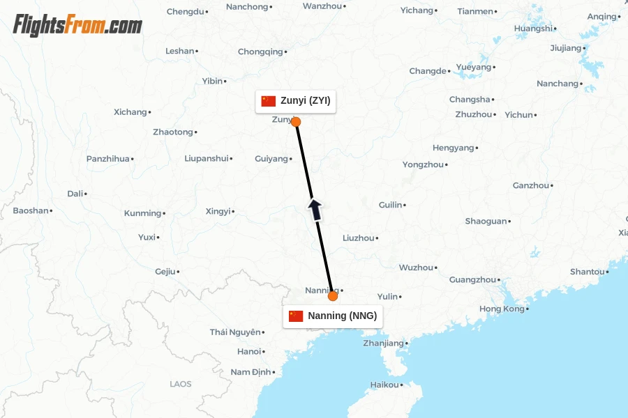 Flights from Nanning to Zunyi route map
