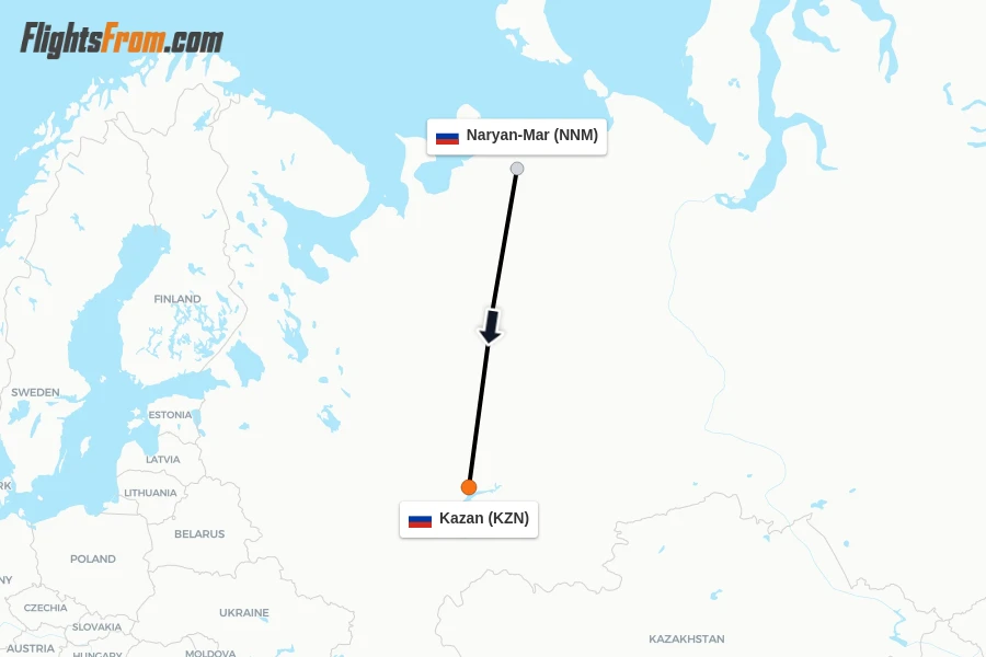 Flights from Naryan-Mar to Kazan route map