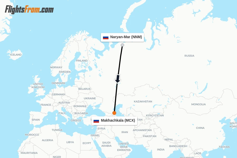 Flights from Naryan-Mar to Makhachkala route map