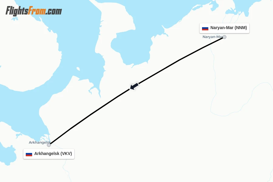 Flights from Naryan-Mar to Arkhangelsk route map