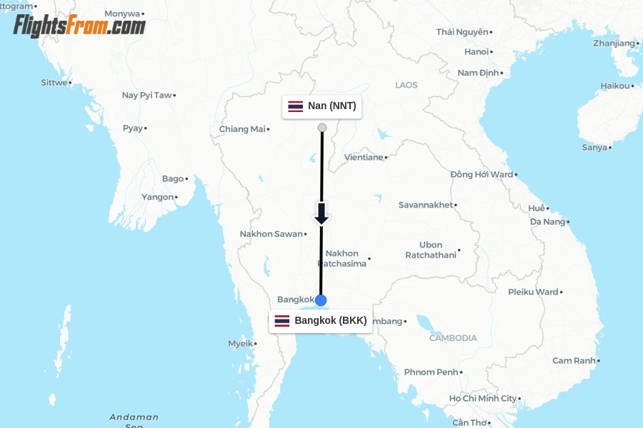 Flights from Nan to Bangkok route map