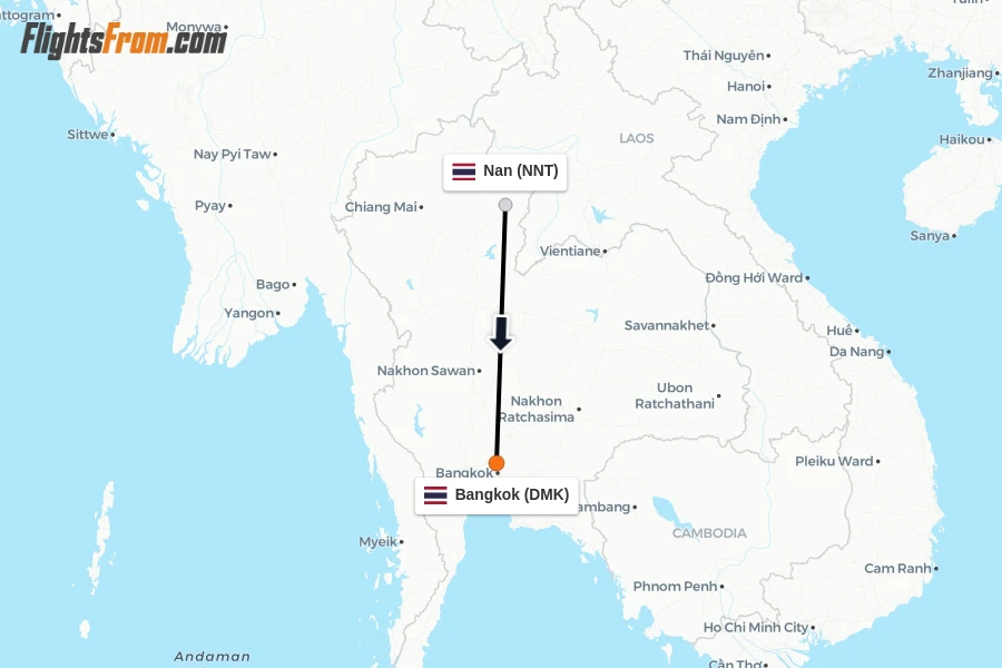 Flights from Nan to Bangkok route map