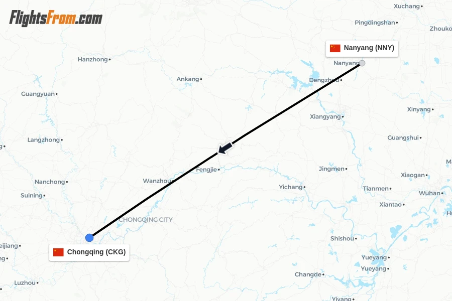 Flights from Nanyang to Chongqing route map
