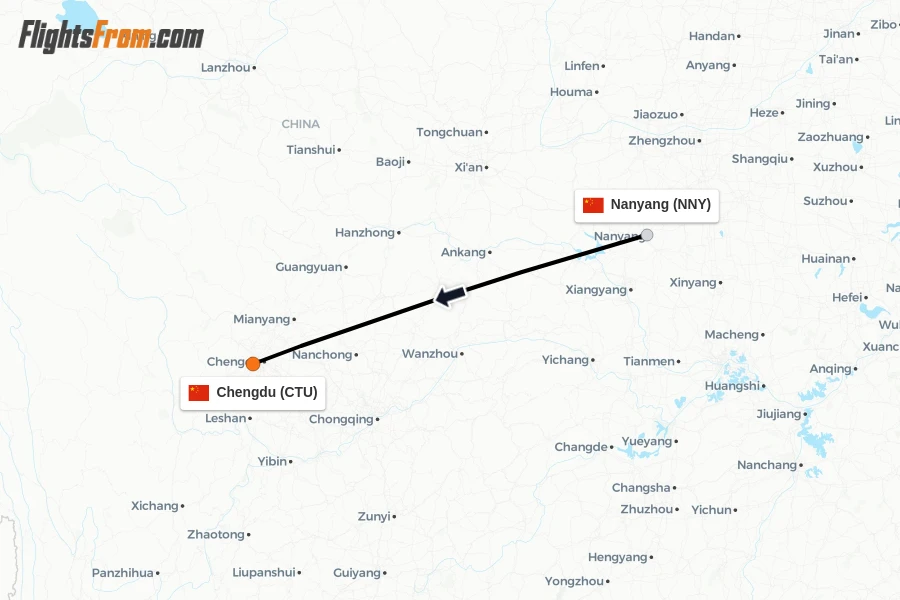 Flights from Nanyang to Chengdu route map