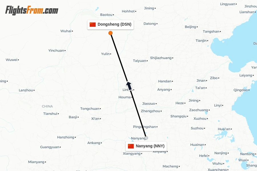 Flights from Nanyang to Dongsheng route map