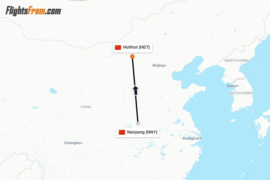 Flights from Nanyang to Hohhot route map