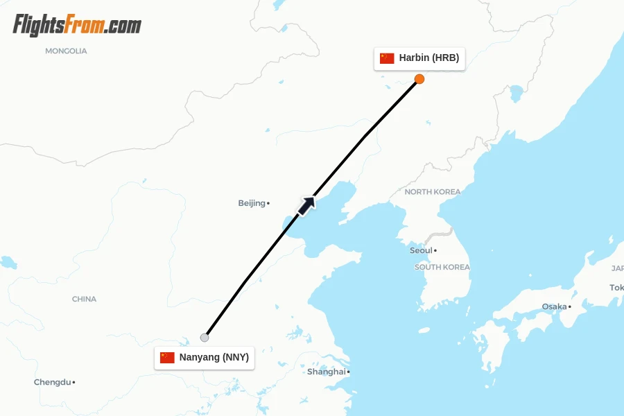 Flights from Nanyang to Harbin route map