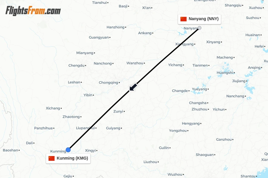 Flights from Nanyang to Kunming route map