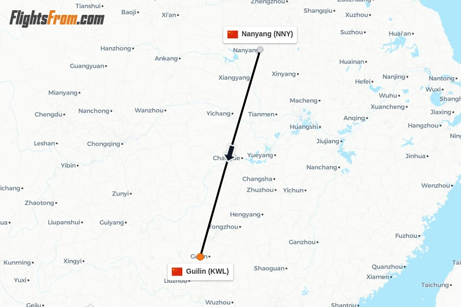 Flights from Nanyang to Guilin route map