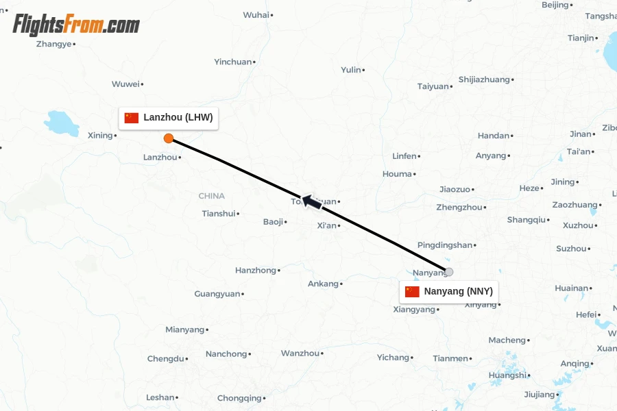 Flights from Nanyang to Lanzhou route map