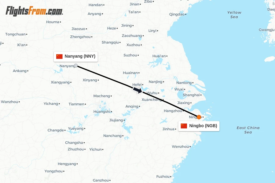 Flights from Nanyang to Ningbo route map