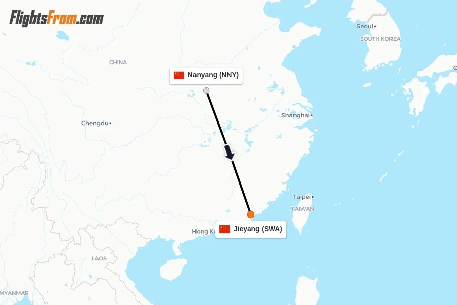 Flights from Nanyang to Jieyang route map