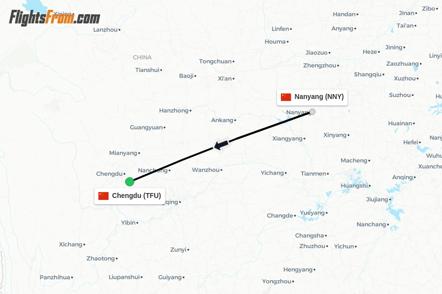Flights from Nanyang to Chengdu route map