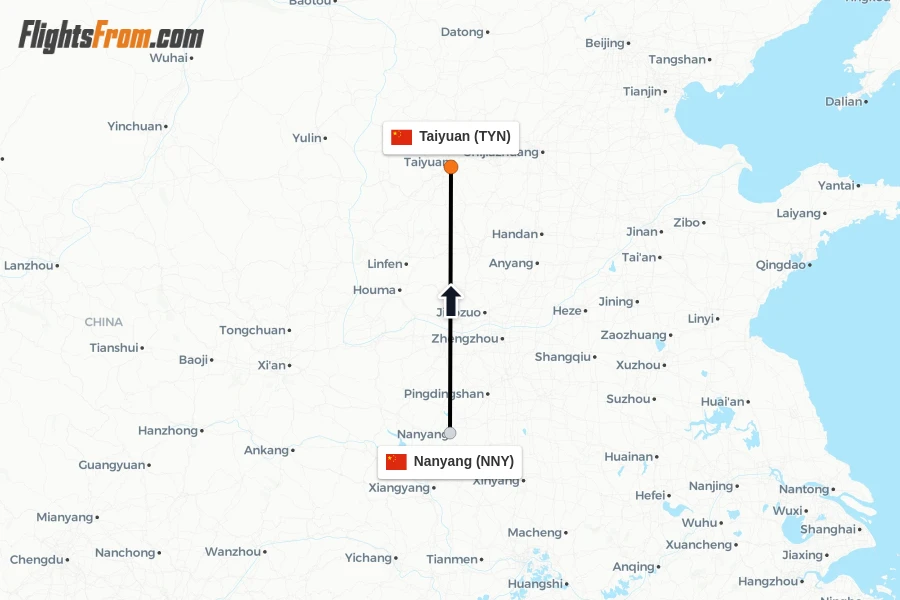 Flights from Nanyang to Taiyuan route map