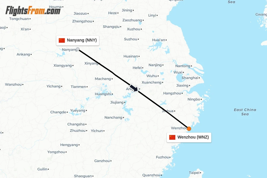 Flights from Nanyang to Wenzhou route map