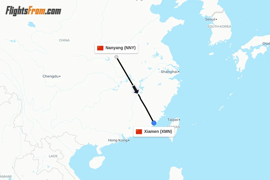 Flights from Nanyang to Xiamen route map