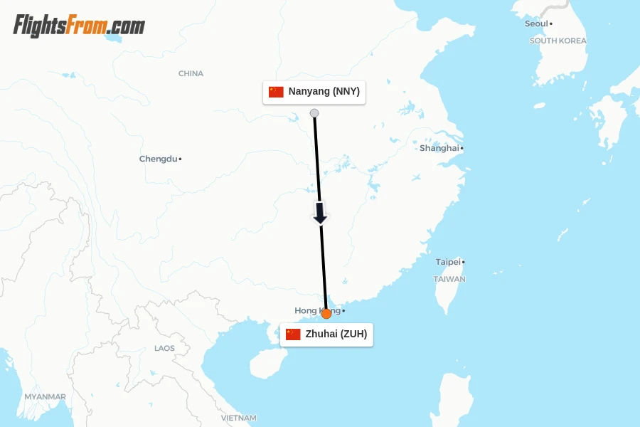 Flights from Nanyang to Zhuhai route map