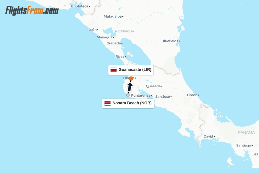 Flights from Nosara Beach to Guanacaste route map