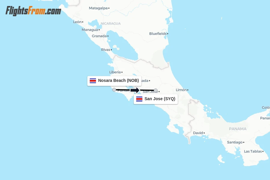 Flights from Nosara Beach to San Jose route map