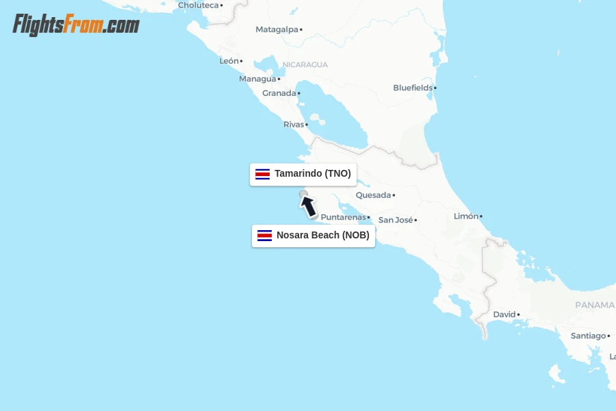 Flights from Nosara Beach to Tamarindo route map