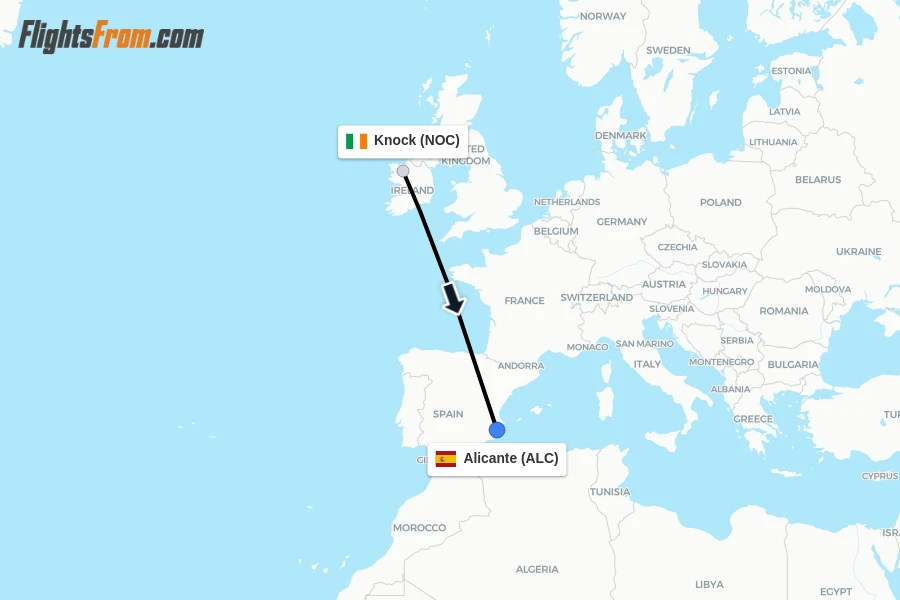 Flights from Knock to Alicante route map