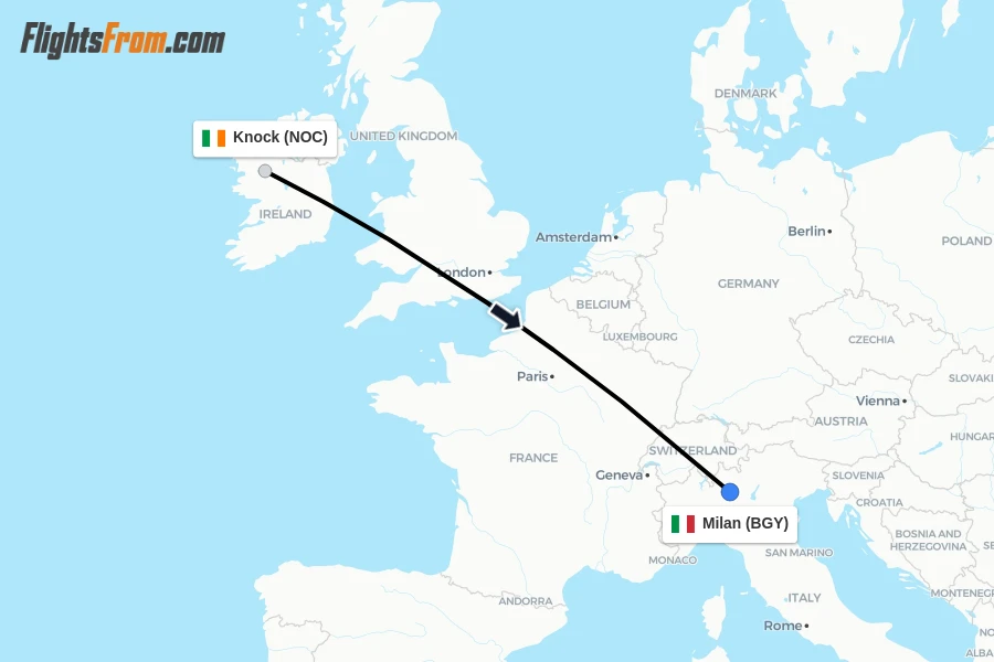 Flights from Knock to Milan route map