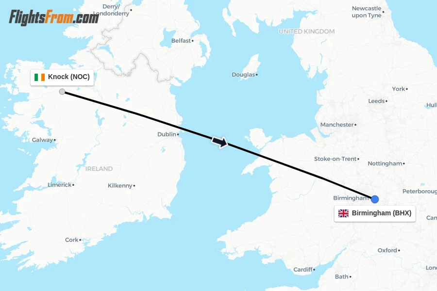 Flights from Knock to Birmingham route map
