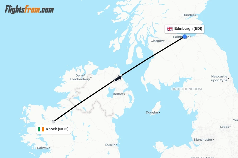 Flights from Knock to Edinburgh route map
