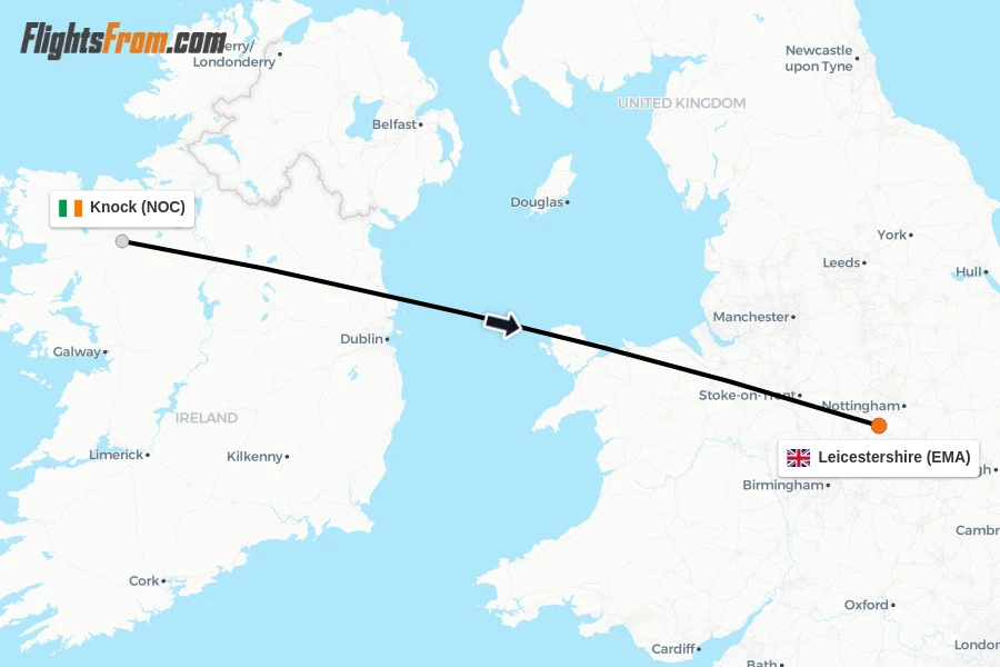 Flights from Knock to Leicestershire route map