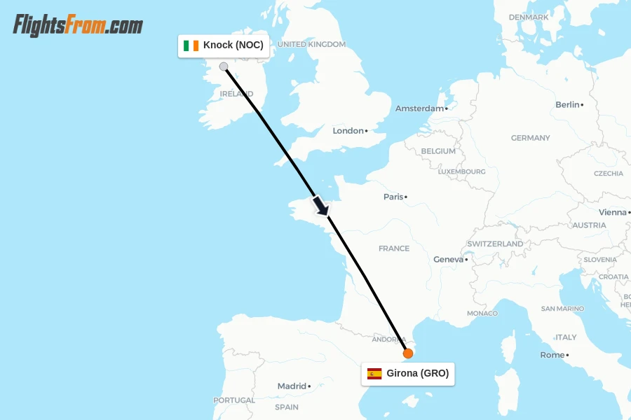 Flights from Knock to Girona route map