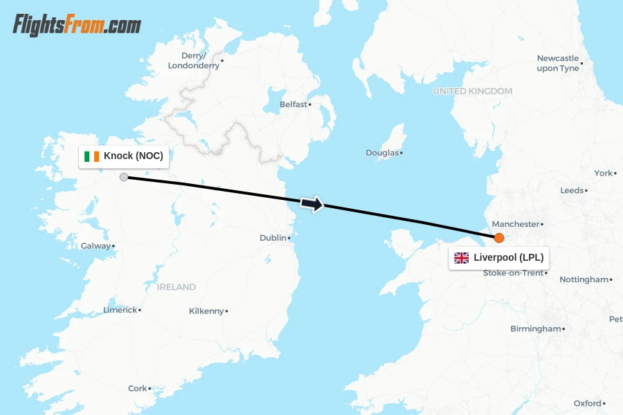 Flights from Knock to Liverpool route map