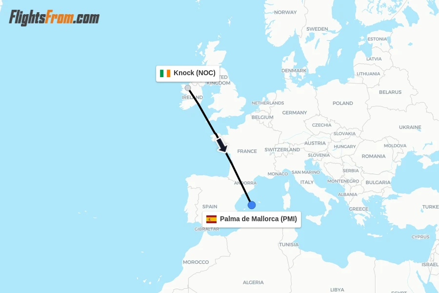 Flights from Knock to Palma de Mallorca route map