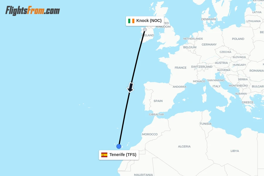 Flights from Knock to Tenerife route map