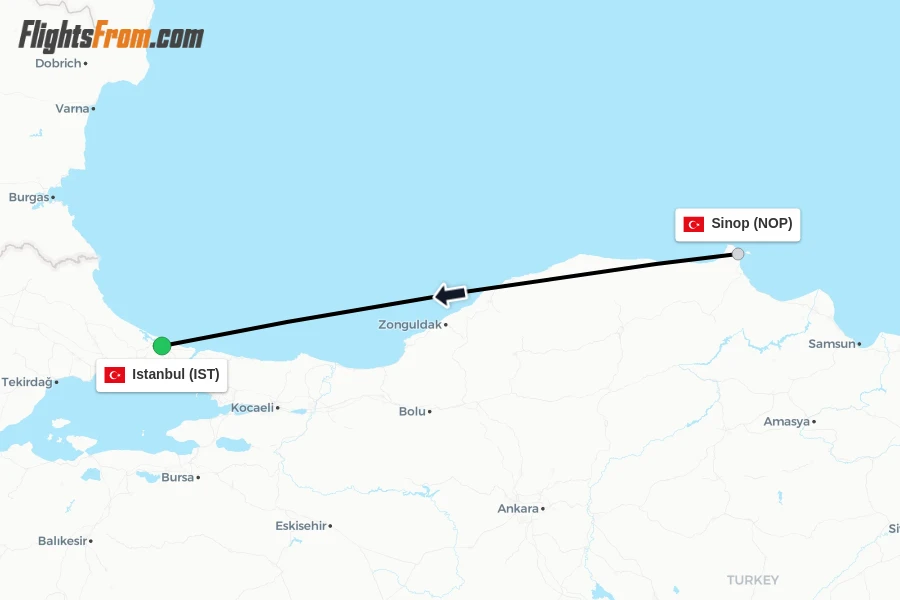 Flights from Sinop to Istanbul route map