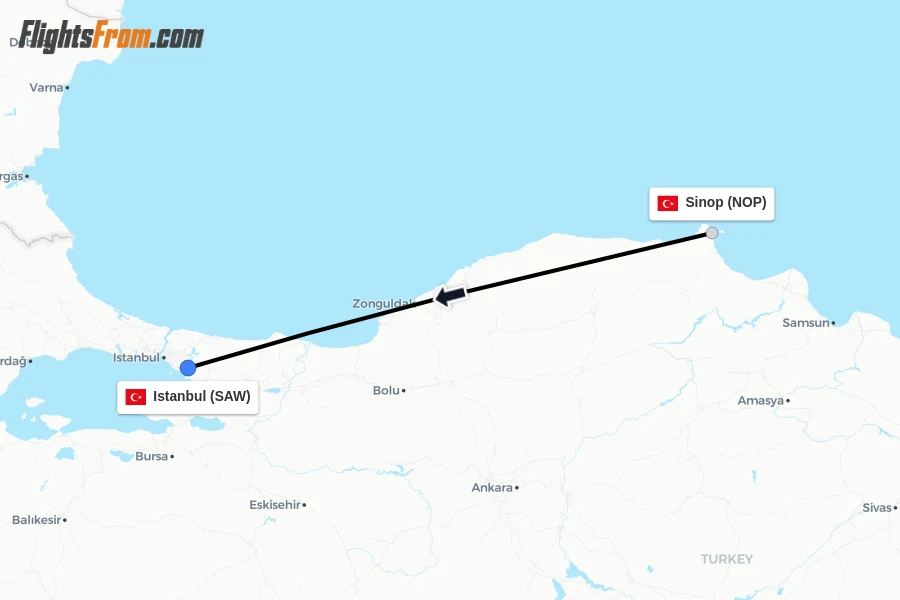 Flights from Sinop to Istanbul route map
