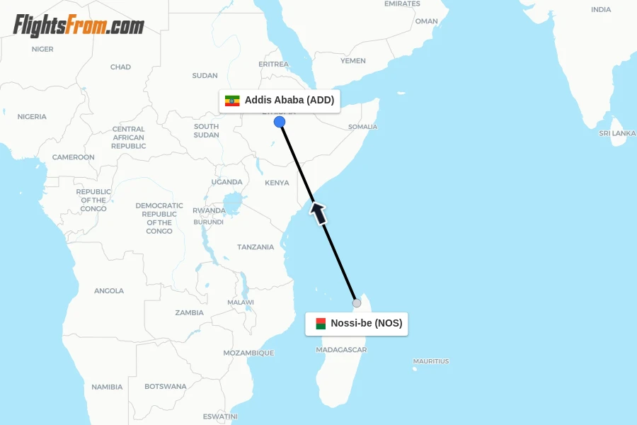 Flights from Nossi-be to Addis Ababa route map