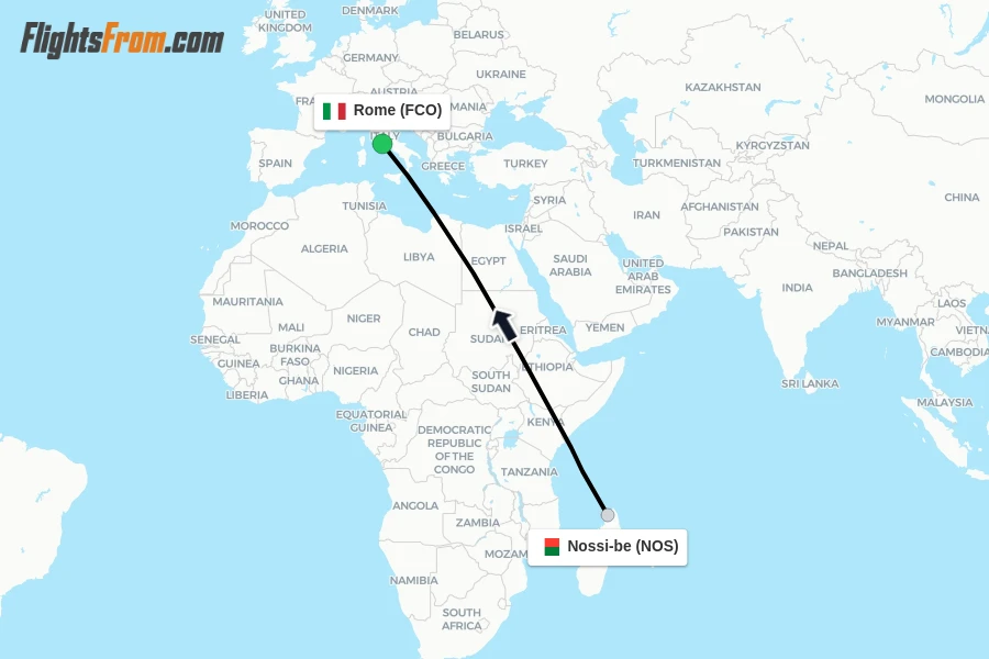 Flights from Nossi-be to Rome route map