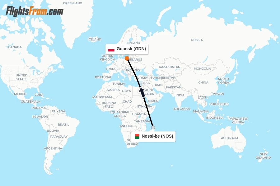 Flights from Nossi-be to Gdansk route map