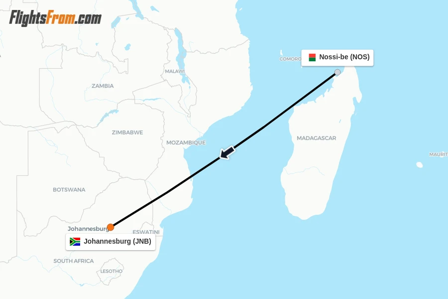 Flights from Nossi-be to Johannesburg route map