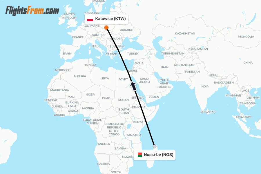 Flights from Nossi-be to Katowice route map
