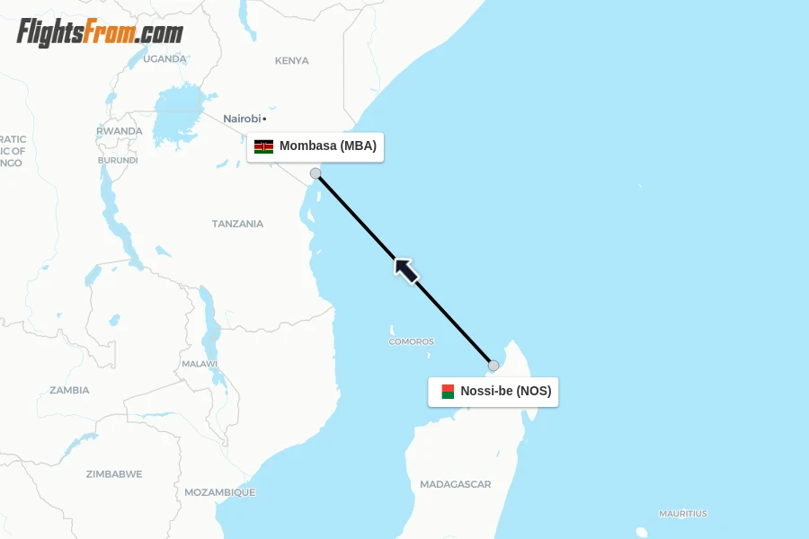 Flights from Nossi-be to Mombasa route map