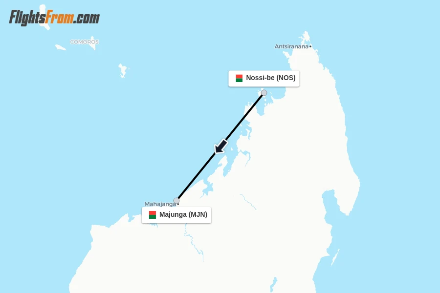 Flights from Nossi-be to Majunga route map