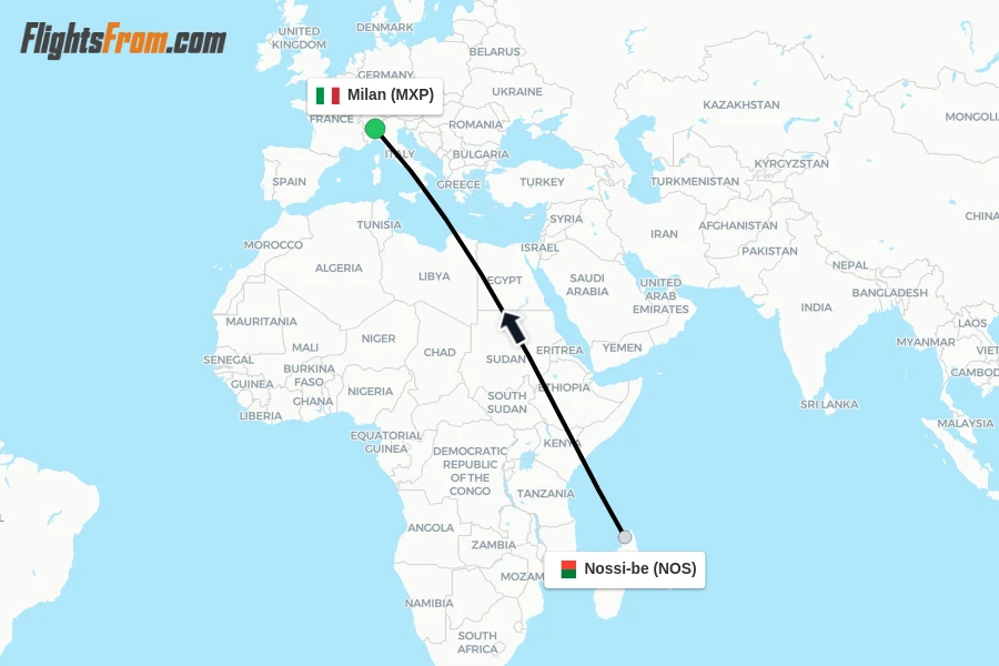 Flights from Nossi-be to Milan route map