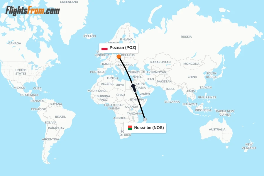 Flights from Nossi-be to Poznan route map