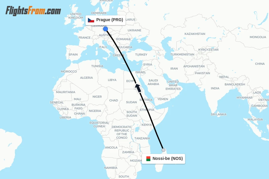 Flights from Nossi-be to Prague route map
